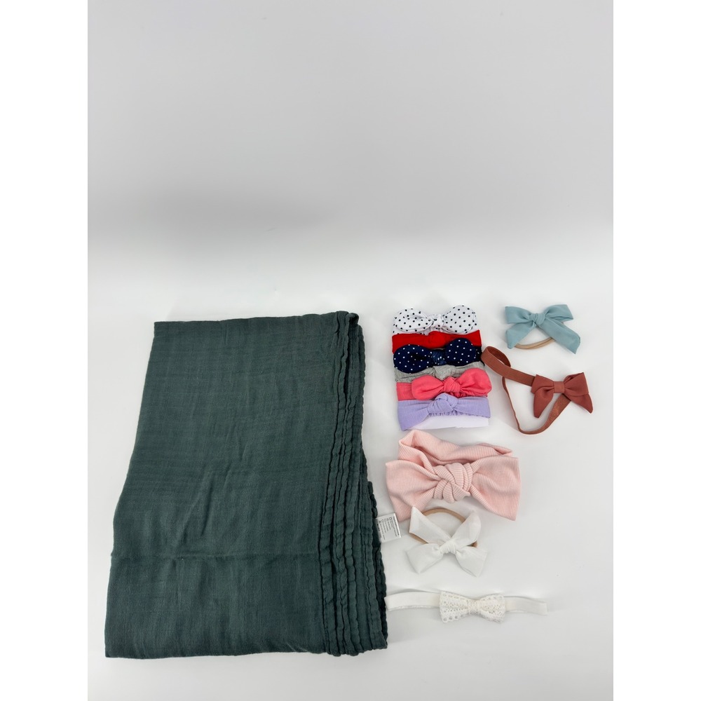 Baby Muslin Swaddle Blanket Forest Green and 11pc Bow Headband Set Bundle